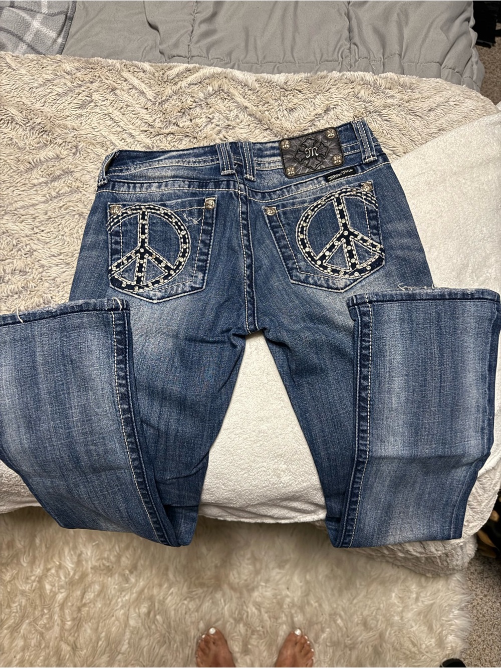 Miss Me Women's Medium Blue Bootcut Jeans with Embellished Peace Pockets